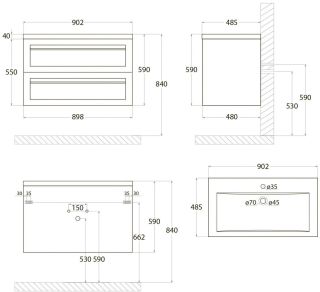 Подвесная тумба под раковину Art&Max Platino 90см серый матовый AM-Platino-900-2C-SO-GM